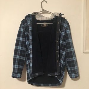blue plaid fleece with grey hood